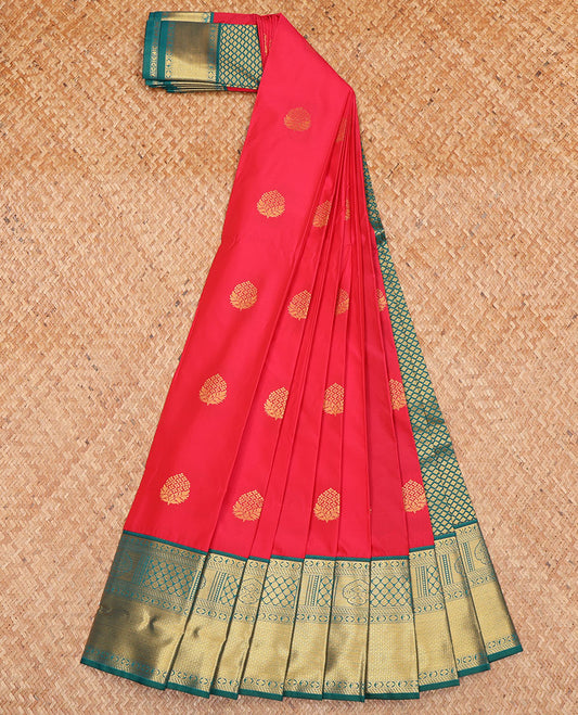 Red Budget Silk Saree, Bedecked with Zari Buttas on Its Body, Complemented by Contrast Traditional Zari Design Border, a Gracefully Embellished Pallu, and Paired with a Contrast Blouse