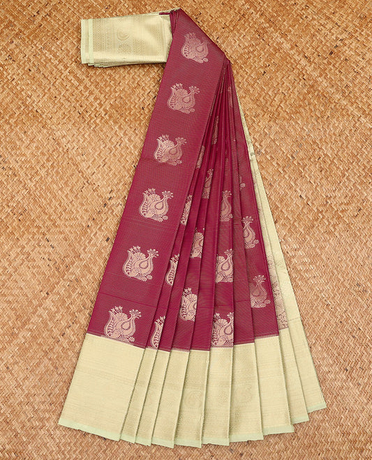 Maroon zari buttas budget silk saree, contrast traditional zari design border, and jaal pallu