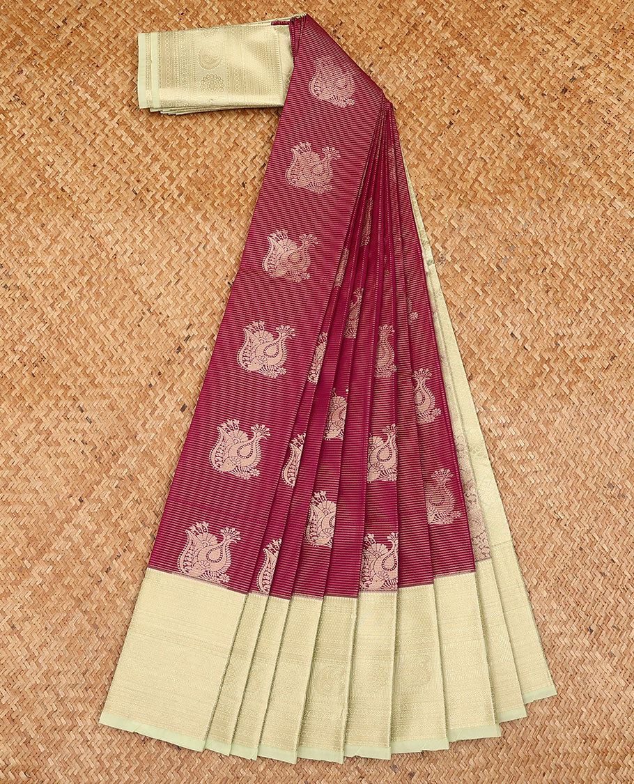 Maroon zari buttas budget silk saree, contrast traditional zari design border, and jaal pallu