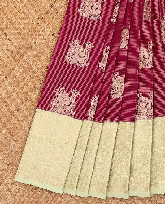 Maroon zari buttas budget silk saree, contrast traditional zari design border, and jaal pallu
