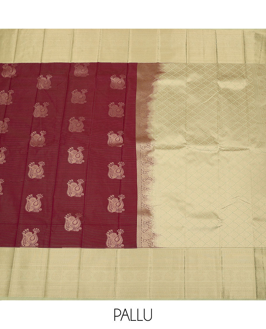 Maroon zari buttas budget silk saree, contrast traditional zari design border, and jaal pallu