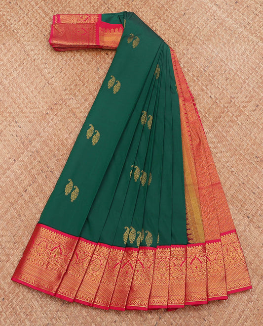 Green Budget Silk Saree, Detailed with Paisley Buttas, Complemented by a Contrast Traditional Zari Design Border, Grand Pallu, and a Contrast Blouse