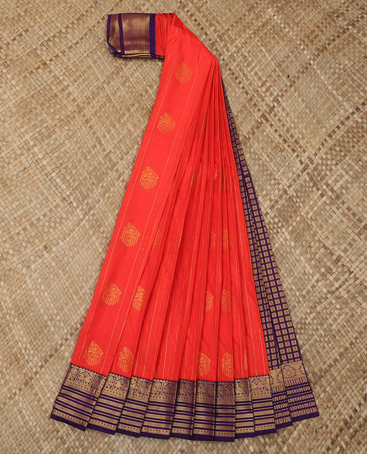 Red Budget Silk Saree Depicting Zari Stripes and Zari Buttas, Complemented with a Contrast Traditional Zari Design Border, Bold Zari-Checked Pallu, and Paired with a Contrast Blouse