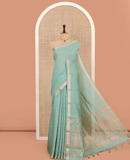 Green Assam Silk Saree, Elegantly Highlighted with Zari Butta Enclosed Checked Design, Highlighted by Zari Temple Border, Pallu Steeped with Zari Designs, and Paired with a Contrast Blouse