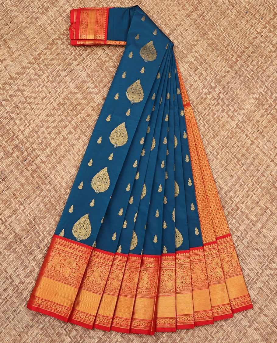 Blue Budget Silk Saree, Gracefully Embellished with Zari Buttas All Over Its Body, Complemented by a Contrast Traditional Zari Design Border, Grand Jaal Pallu, and Paired with a Contrast Blouse