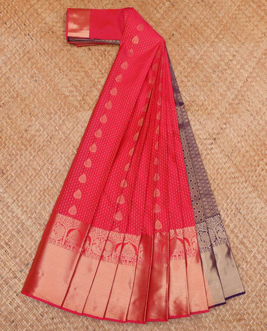 Red Budget Silk Saree Embellished with Zari Buttas All Over Its Body, Highlighted by Traditional Zari Designs Woven Border, Contrast Grand Jaal Pallu, and Paired with a Contrast Blouse