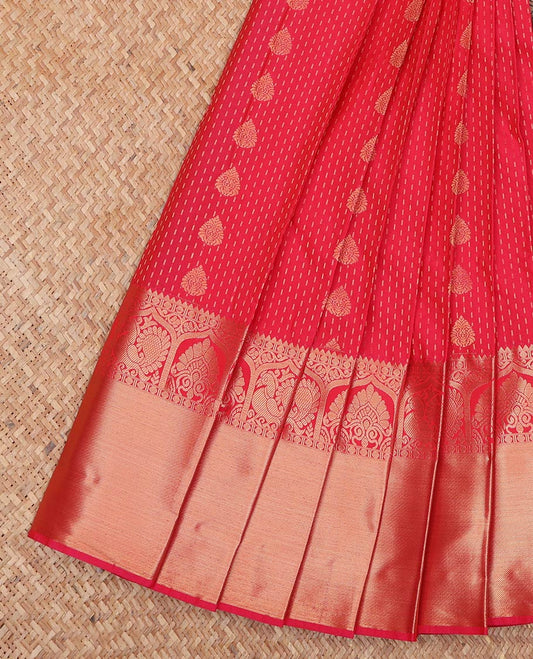 Red Budget Silk Saree Embellished with Zari Buttas All Over Its Body, Highlighted by Traditional Zari Designs Woven Border, Contrast Grand Jaal Pallu, and Paired with a Contrast Blouse