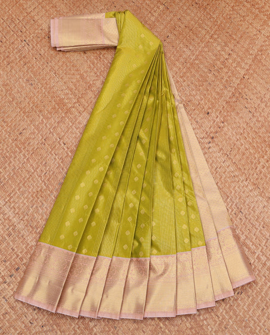 Green Budget Silk Saree, Sparsely Woven with Zari Buttas and Checks, Complemented by Contrast Traditional Zari Border, Grand Pallu, and a Contrast Blouse