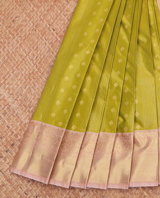 Green Budget Silk Saree, Sparsely Woven with Zari Buttas and Checks, Complemented by Contrast Traditional Zari Border, Grand Pallu, and a Contrast Blouse