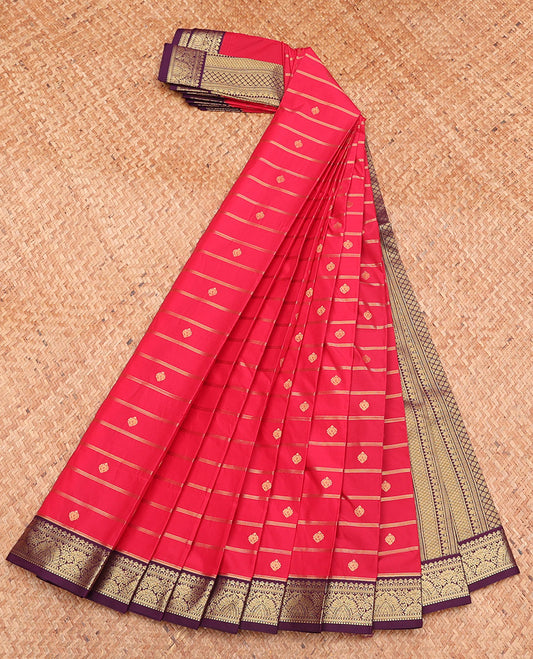 Red Budget Silk Saree, Majestically Detailed with Zari Buttas and Stripes, Complemented by a Contrast Traditional Zari Border, Geometric Pallu, and a Contrast Blouse