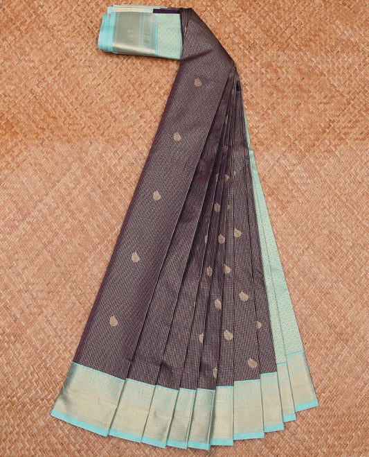 Blue Budget Silk Saree Decked Up with Zari Buttas and Micro Checks, Complemented with a Contrast Traditional Zari Design Border, Subtly Zari Woven Pallu, and a Contrast Blouse