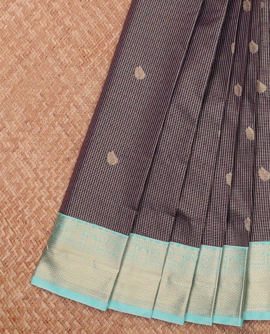 Blue Budget Silk Saree Decked Up with Zari Buttas and Micro Checks, Complemented with a Contrast Traditional Zari Design Border, Subtly Zari Woven Pallu, and a Contrast Blouse