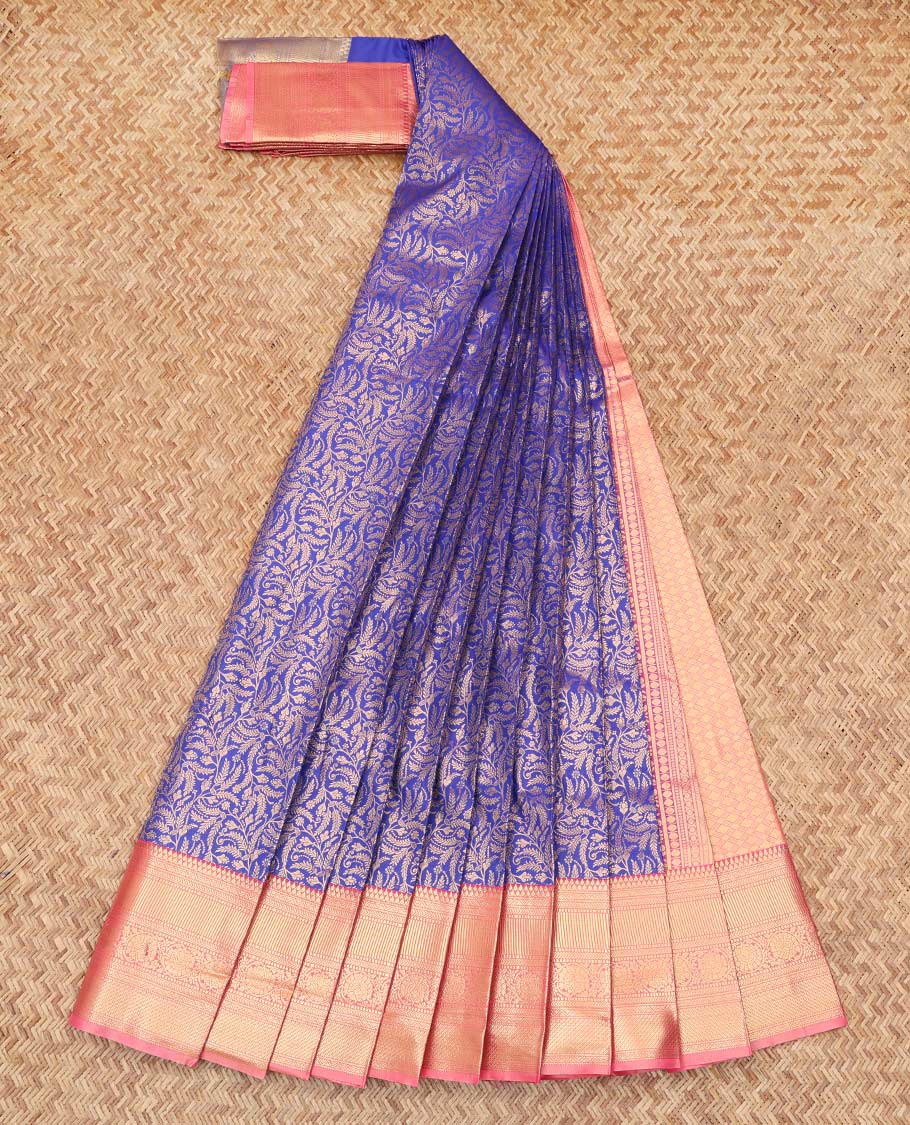 Blue Budget Silk Saree, Detailed with Jacquard Design, Complemented by Contrast Traditional Zari Border, a Grand Pallu and a Contrast Blouse