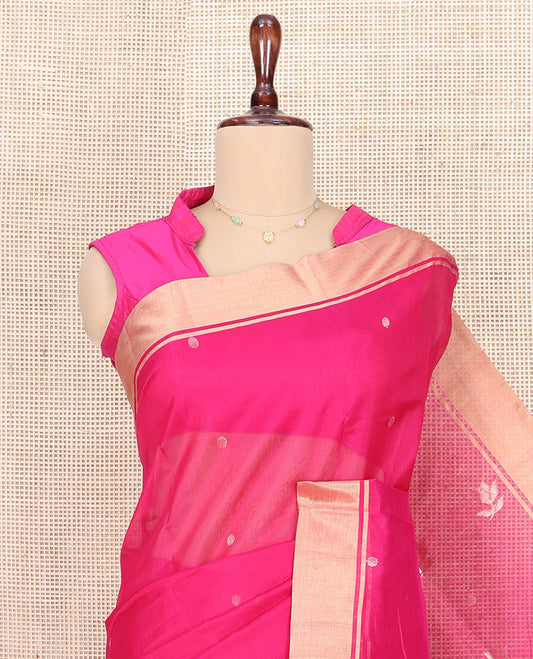 Pink Chanderi Cotton Saree, Decorated with Buttas All Over Its Body, Highlighted by a Zari Border, Pallu Steeped with Buttas, and Paired with a Matching Blouse