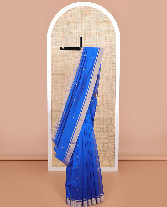Blue geometric design chanderi cotton saree with self zari border & geometric design pallu