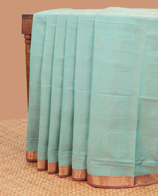 Blue plain mangalagiri cotton saree contrast temple border & striped pallu