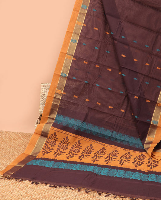 Brown floral motifs kanchi cotton saree with contrast floral design border & floral design pallu