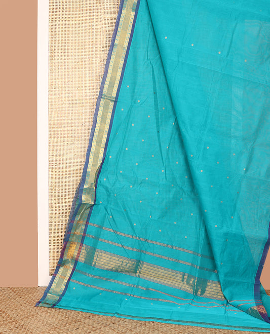 Blue Venkatagiri Cotton Saree, Enthralled with Buttas on Its Body, Complemented by a Contrast Traditional Zari Border, Gleaming Zari-Striped Pallu, and Comes Without a Blouse