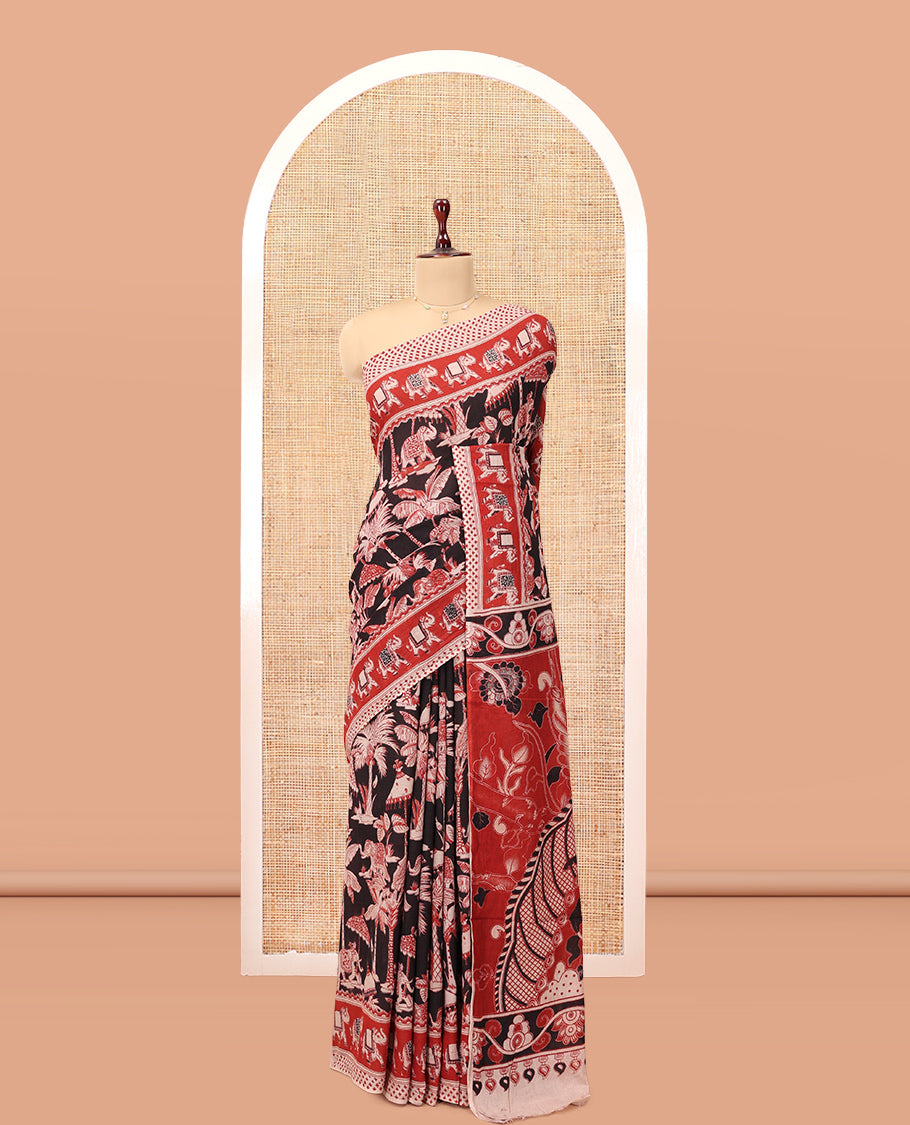 Black Kalamkari Cotton Saree, Ornamented with Animal Themed Print, Contrast Printed Border, Kalamkari Animal Motifs Pallu, and a Contrast Blouse