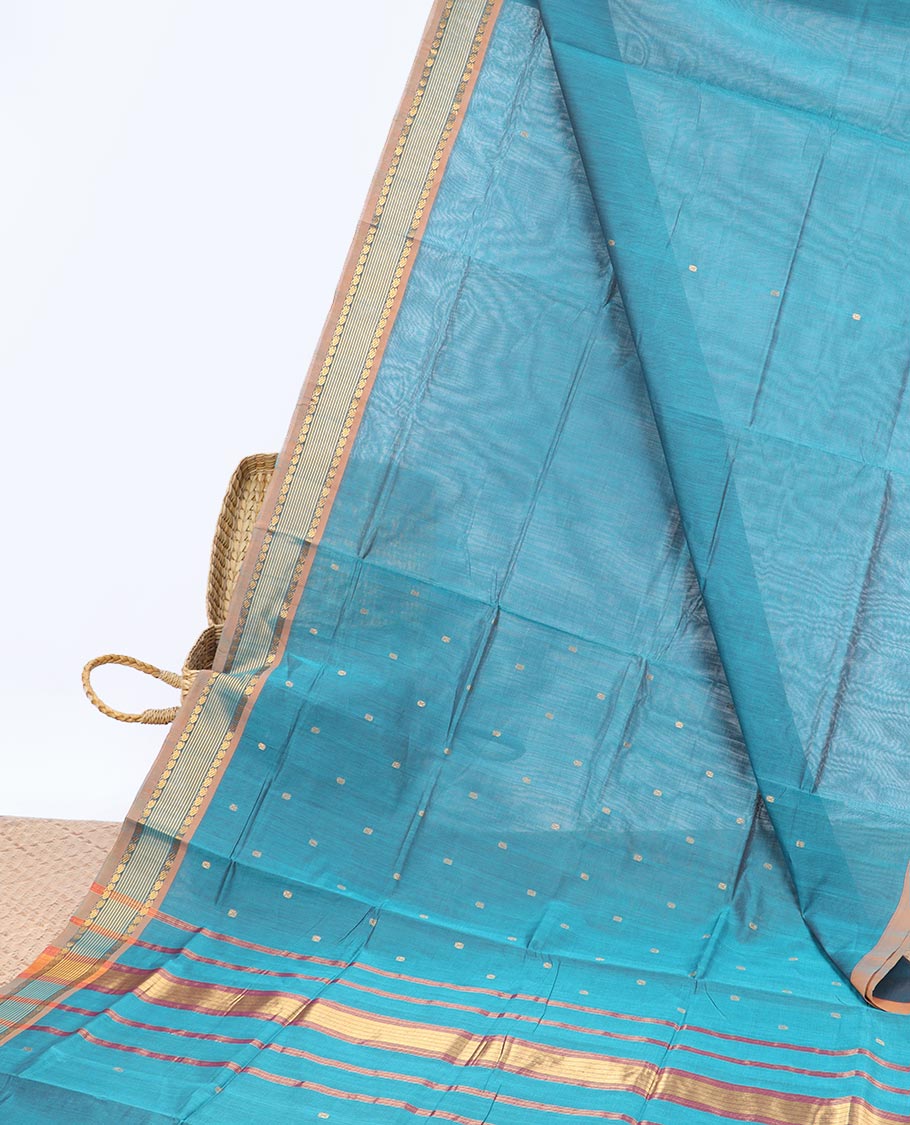 Blue buttas Vengatagiri cotton saree, contrast zari border & striped pallu