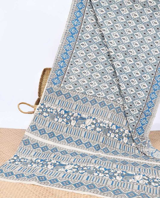 Grey argyle machine-printed kalamkari cotton saree, contrast argyle border & intricately printed pallu