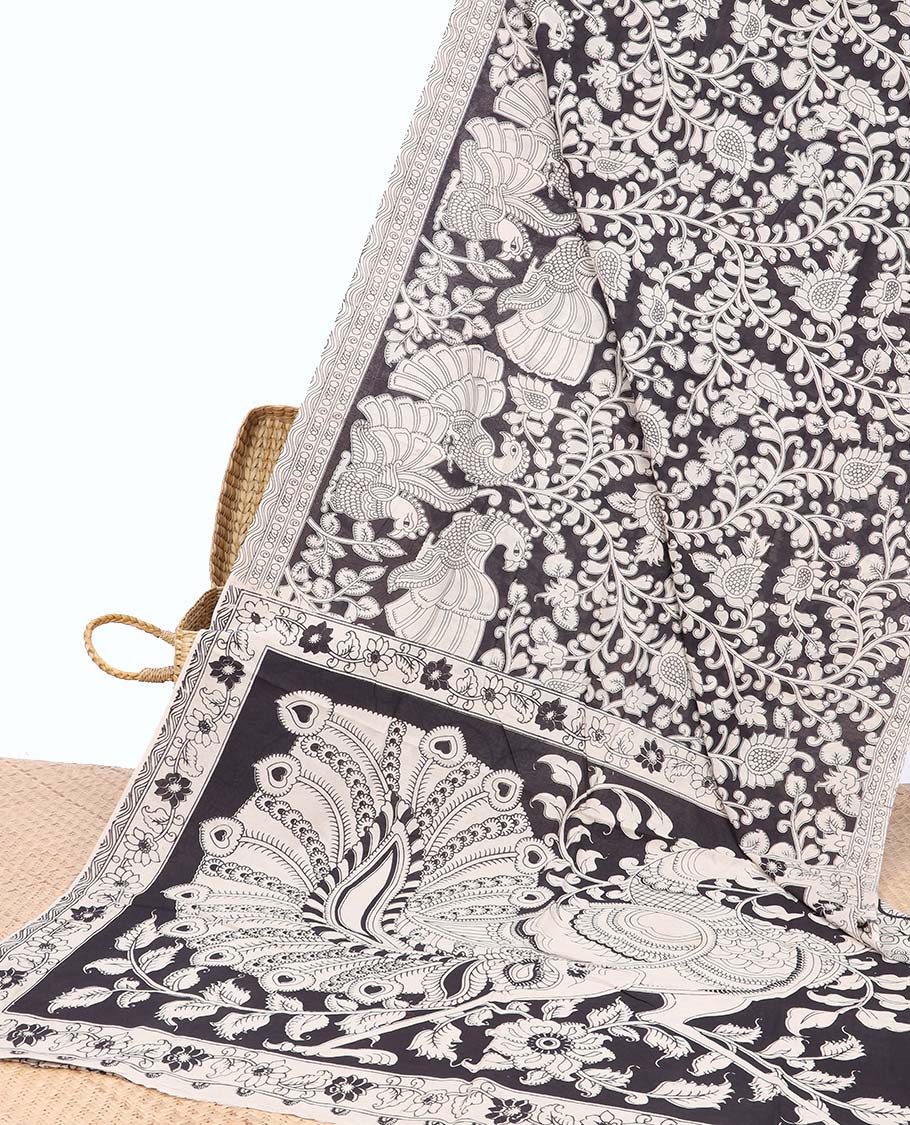 Black floral vine & peacock machine-printed kalamkari cotton saree, self-border & peacock motifs pallu
