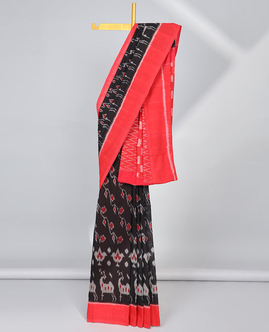 Black intricate design ikkat cotton saree with contrast plain border & geometric design pallu