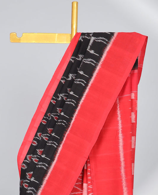 Black intricate design ikkat cotton saree with contrast plain border & geometric design pallu