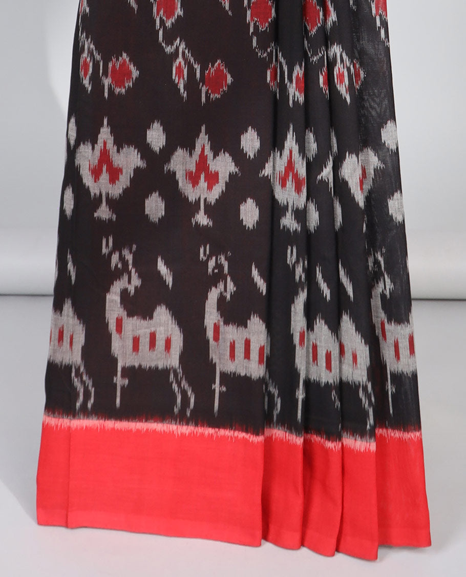 Black intricate design ikkat cotton saree with contrast plain border & geometric design pallu