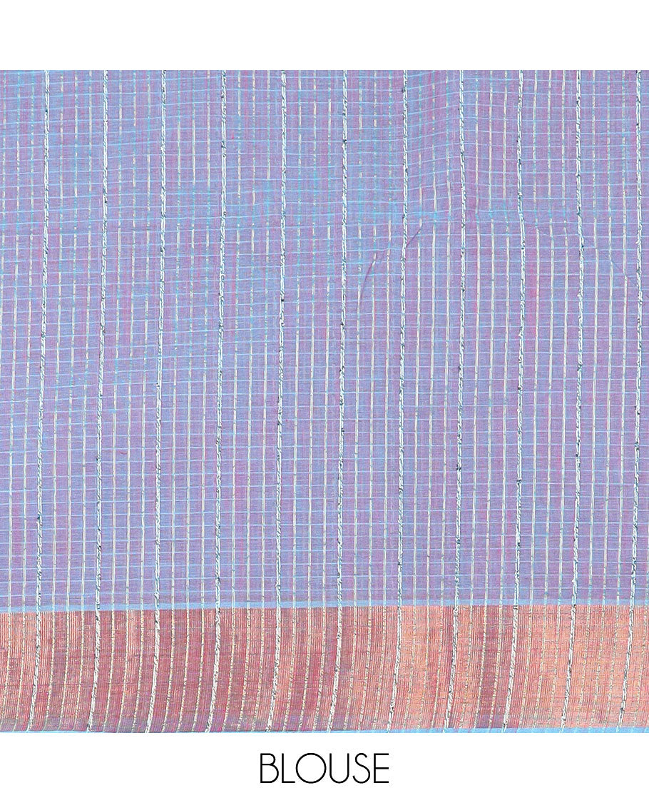 Blue sparsely striped jute cotton saree, zari border, and striped pallu