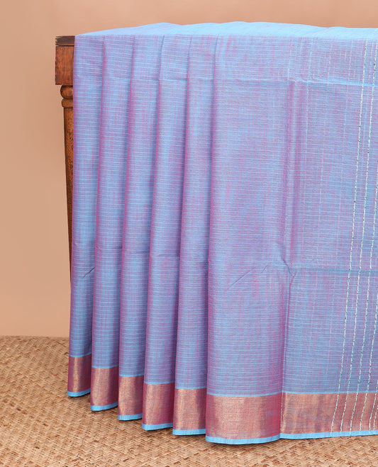Blue sparsely striped jute cotton saree, zari border, and striped pallu