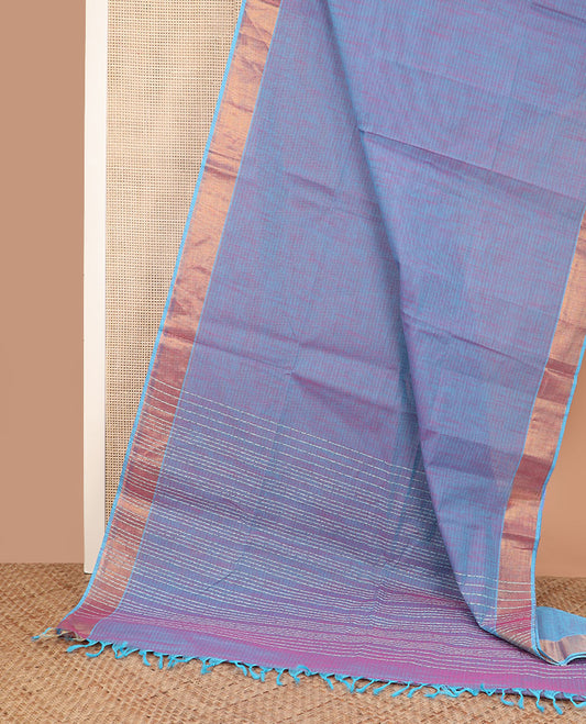Blue sparsely striped jute cotton saree, zari border, and striped pallu
