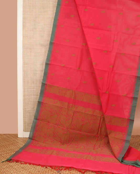 Pink buttas Kanchi cotton saree, contrast plain border, and pallu of floral designs
