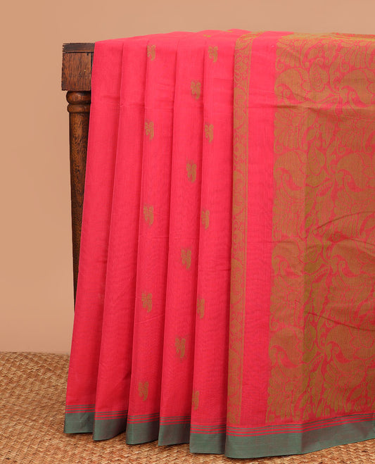 Pink buttas Kanchi cotton saree, contrast plain border, and pallu of floral designs