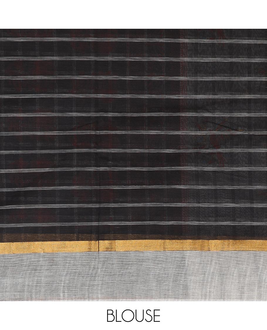 Grey checked and buttas Chirala cotton saree, contrast striped border and printed pallu