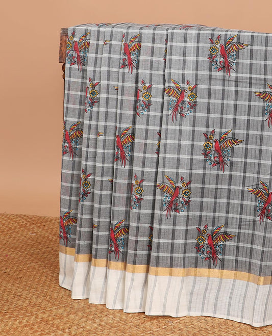 Grey checked and buttas Chirala cotton saree, contrast striped border and printed pallu