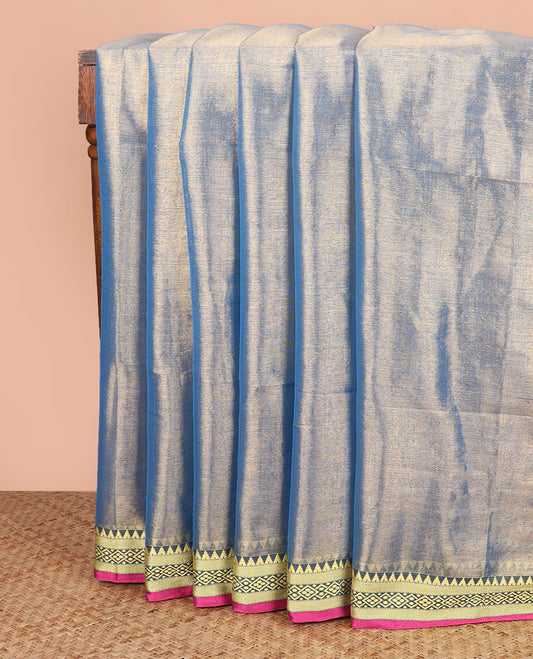 Blue gleaming plain saree, contrast traditional motifs thread woven border, and striped pallu