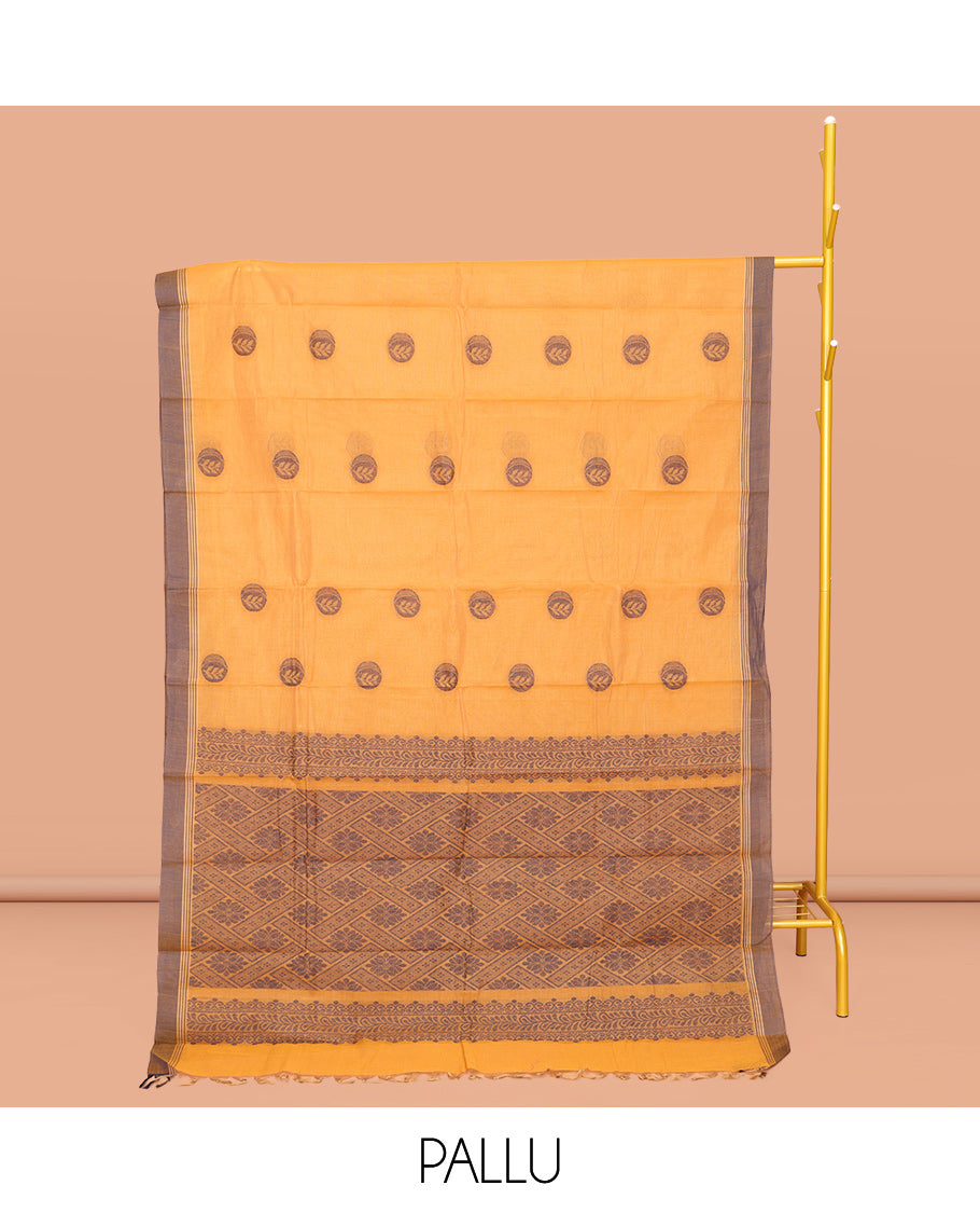 Orange Chettinad Cotton Saree, Beautified with Buttas All Over Its Body, Complemented by a Contrast Border, Pallu of Intricate Designs, and Paired with a Matching Blouse