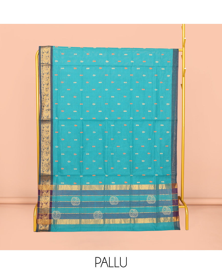 Blue Venkatagiri Cotton Saree, Adorned with Buttas, a Contrast Peacock Zari Border, Pallu of Buttas and Stripes, and No Blouse