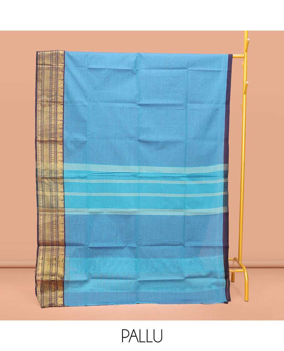 Blue Plain Chettinad Cotton Saree, Captivating by a Contrast Traditional Zari Design Woven Temple Border, Pallu of Stripes, and Paired with a Matching Blouse