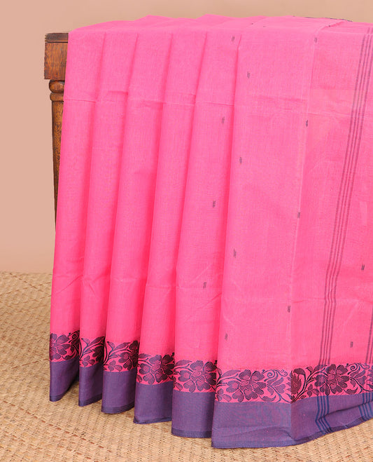Pink flower motifs bengal cotton saree with contrast floral zari design border & striped, floral design pallu