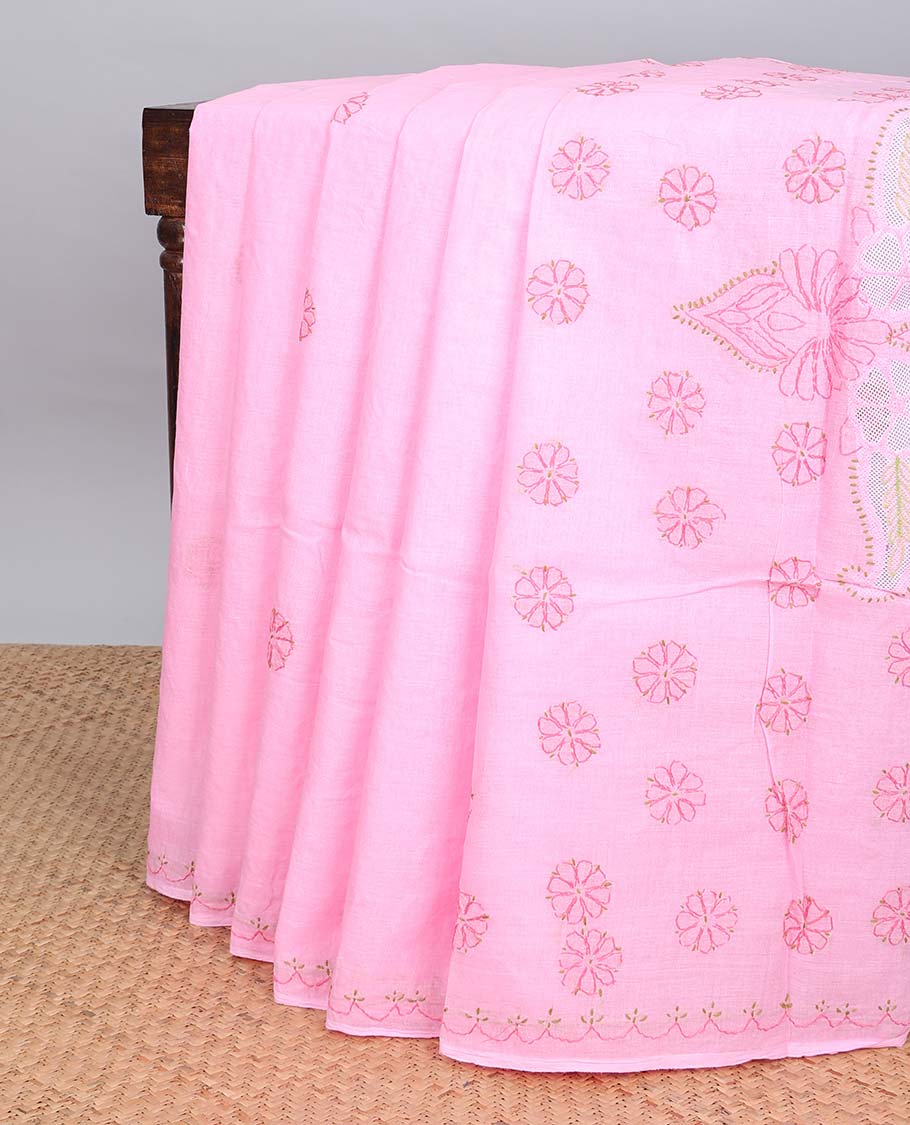 Pink floral embroidery lucknowi chikankari cotton saree,self scallop design border & pallu of floral, paisley embroidery
