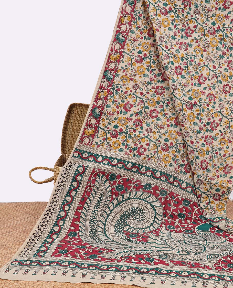 Cream floral vine design machine printed kalamkari cotton saree , contrast floral border & pallu of peacock design