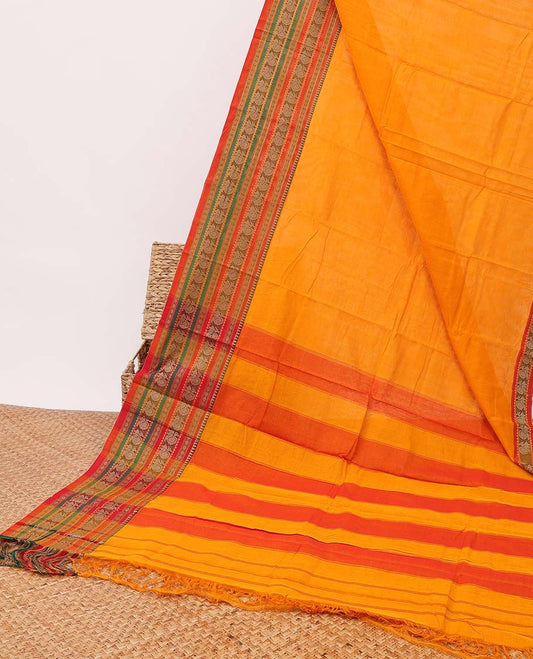 Orange narayanapet cotton saree with contrast intricate zari design border & striped pallu