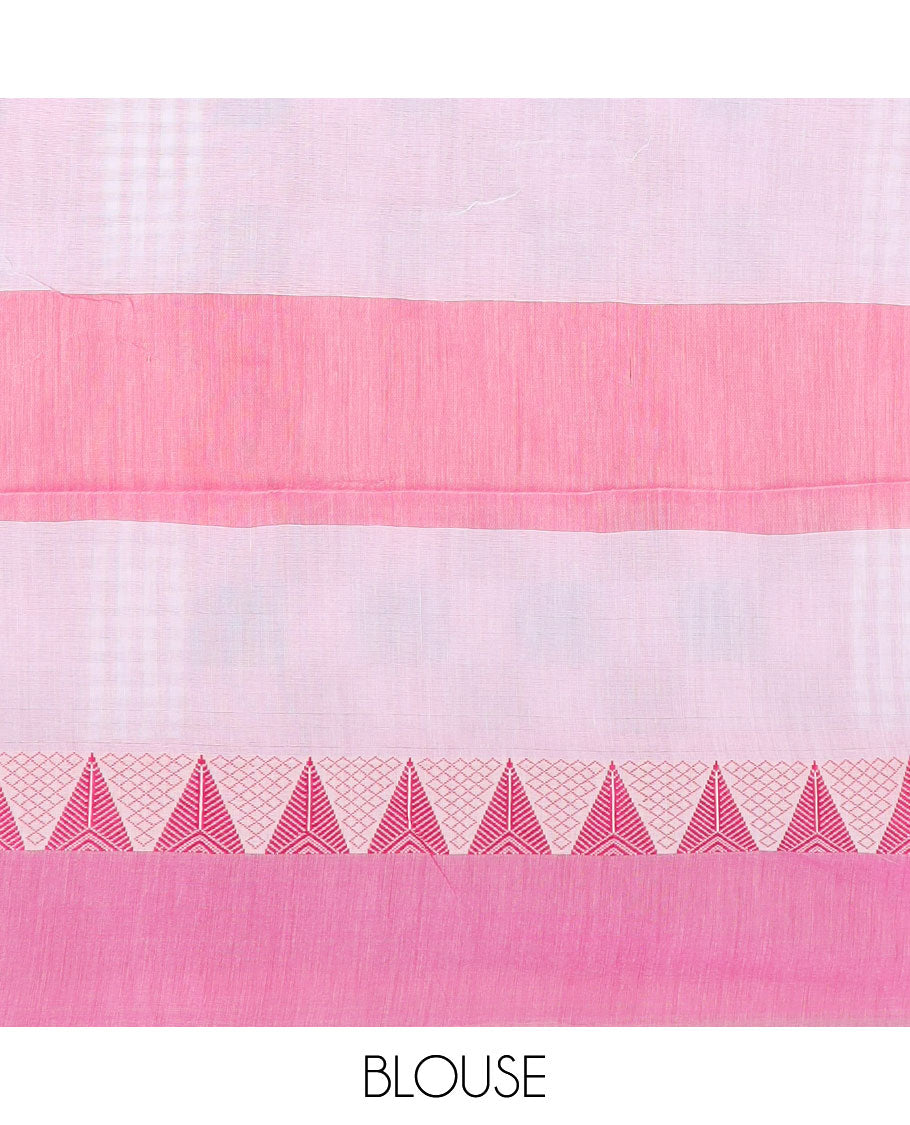 White colorful-ikkat checked Kadhi cotton saree, contrast pink temple design border & ikkat checked pallu