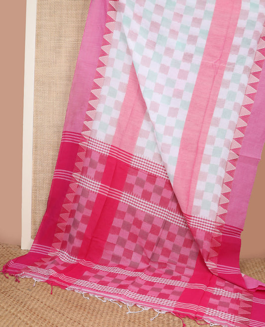 White colorful-ikkat checked Kadhi cotton saree, contrast pink temple design border & ikkat checked pallu