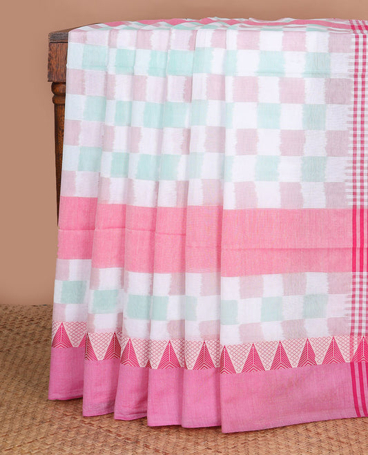 White colorful-ikkat checked Kadhi cotton saree, contrast pink temple design border & ikkat checked pallu