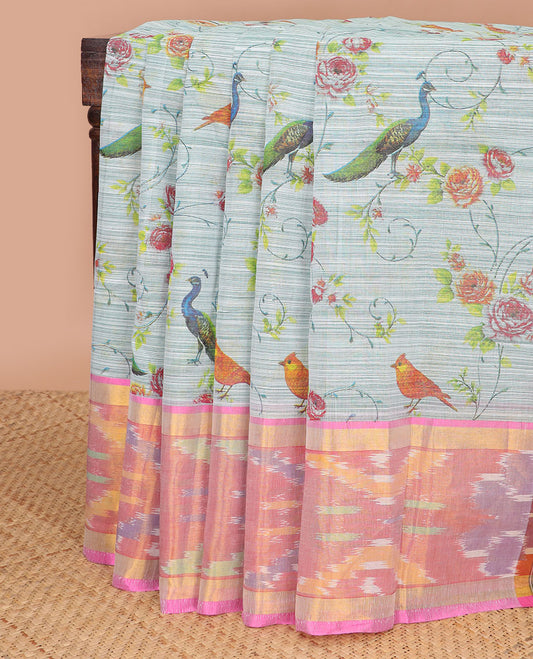 Light blue floral, bird motifs chirala cotton saree with contrast round motifs border & peacock design pallu