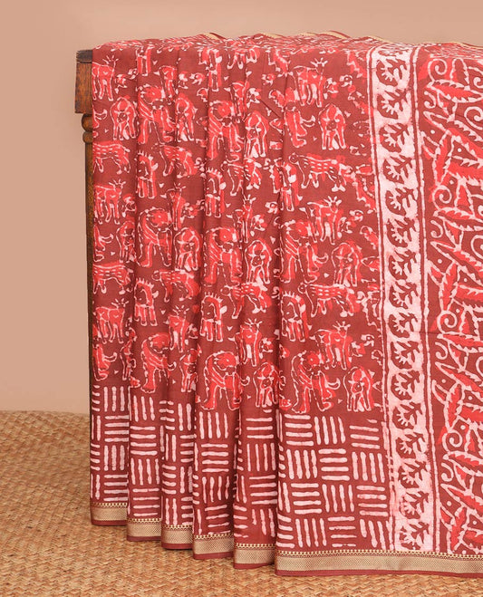 Red abstract, geometric design chanderi cotton saree with self zari border & floral design pallu
