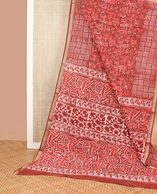 Red abstract, geometric design chanderi cotton saree with self zari border & floral design pallu